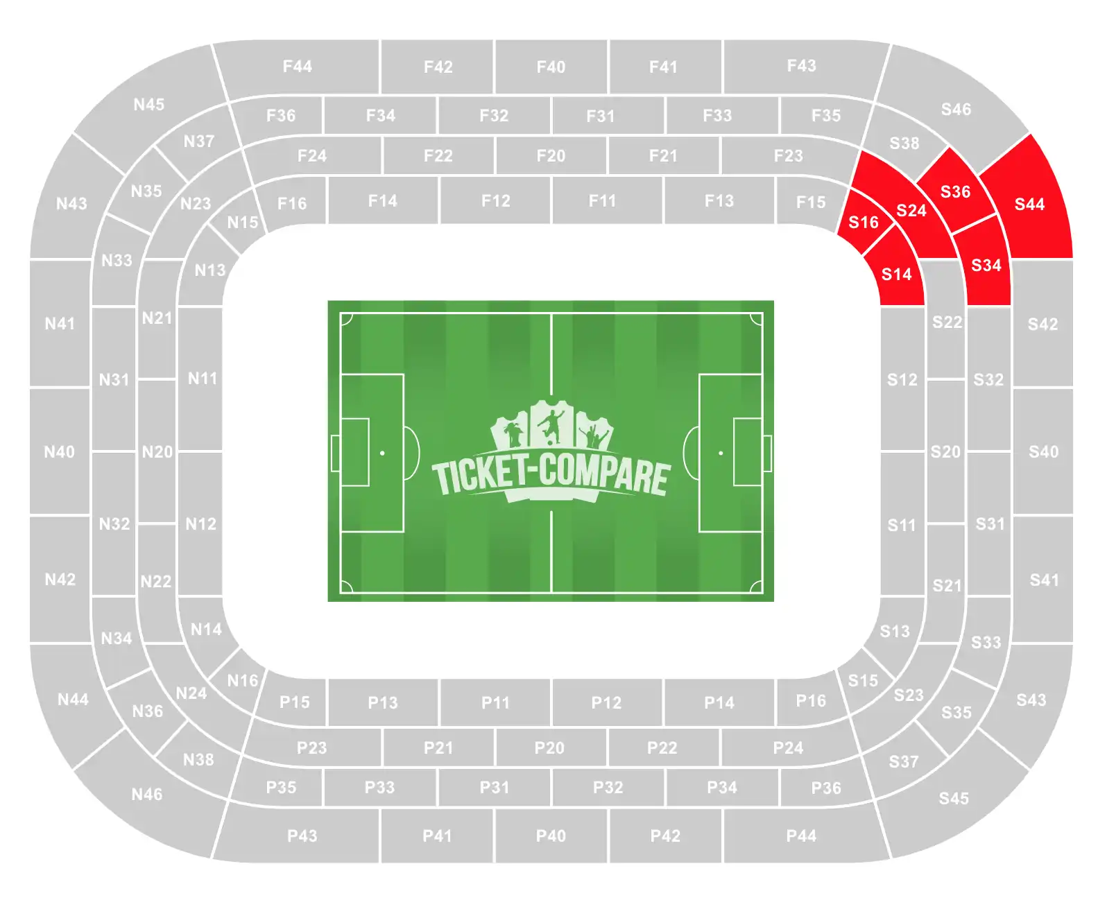 Ramón Sánchez Pizjuán Stadium Seating Plan with S14, S16, S24, S34, S36 and S44 Blocks highlighted