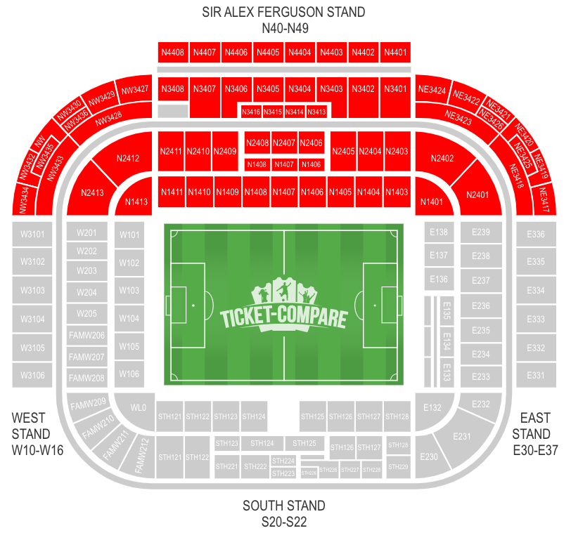 Old Trafford seating plan with Sir Alex Ferguson Stand highlighted