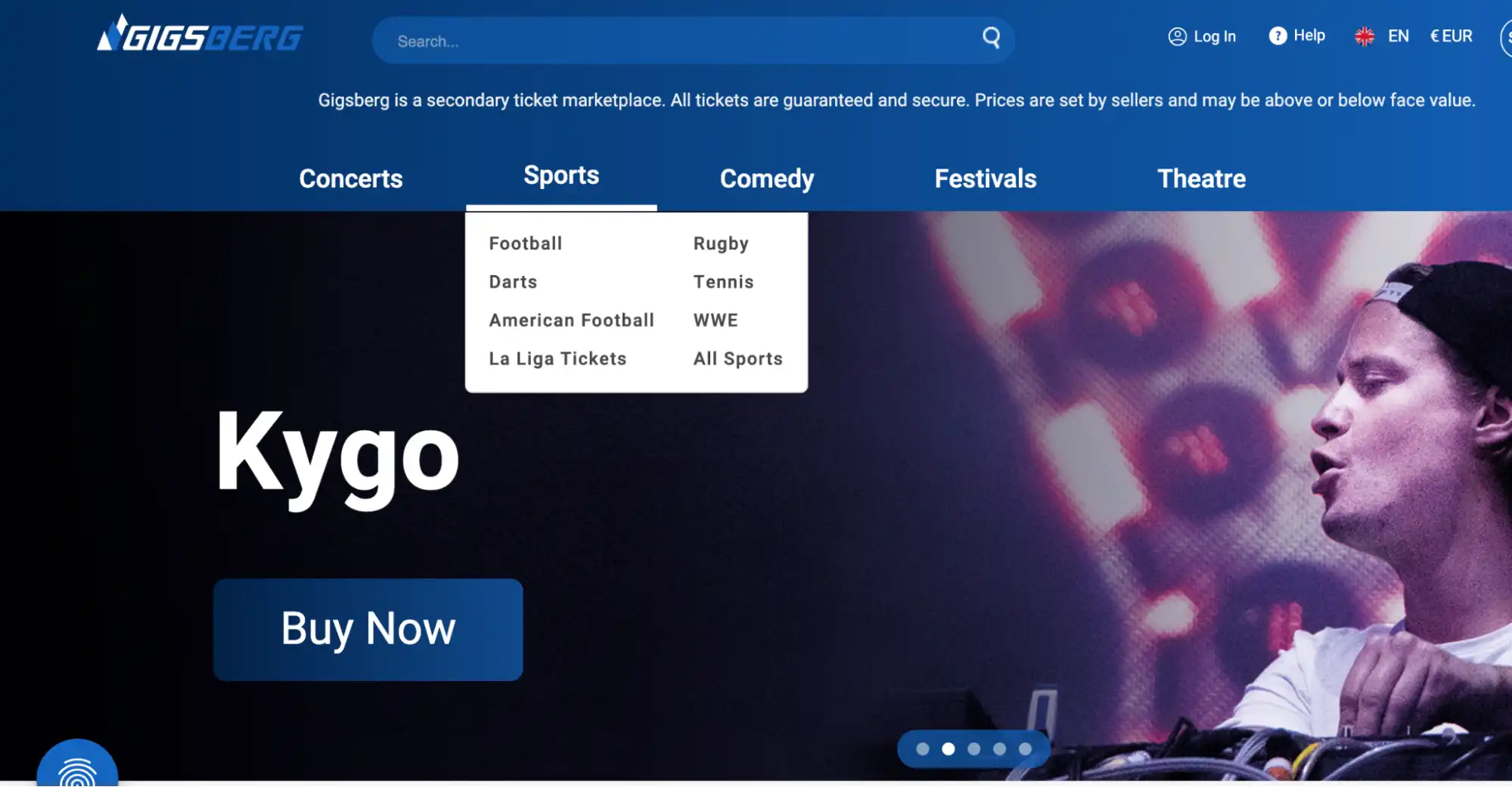 screenshot of Sports dropdown menu