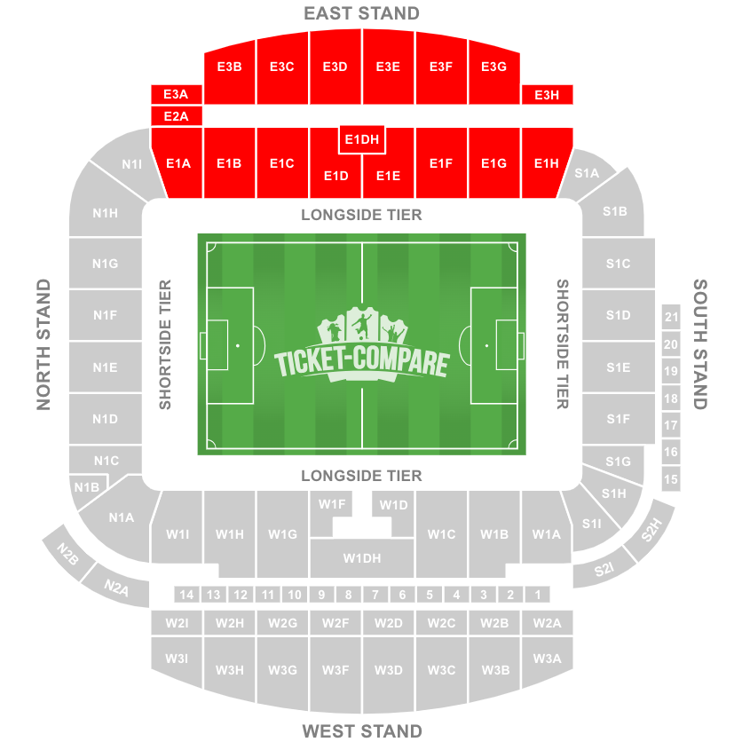 American Express Stadium Seating plan with East Stand highlighted