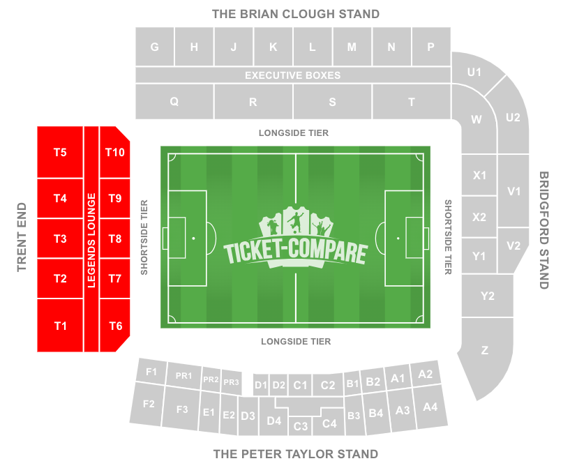 screenshot of City Ground Stadium Seating plan with highlighted the Trent End