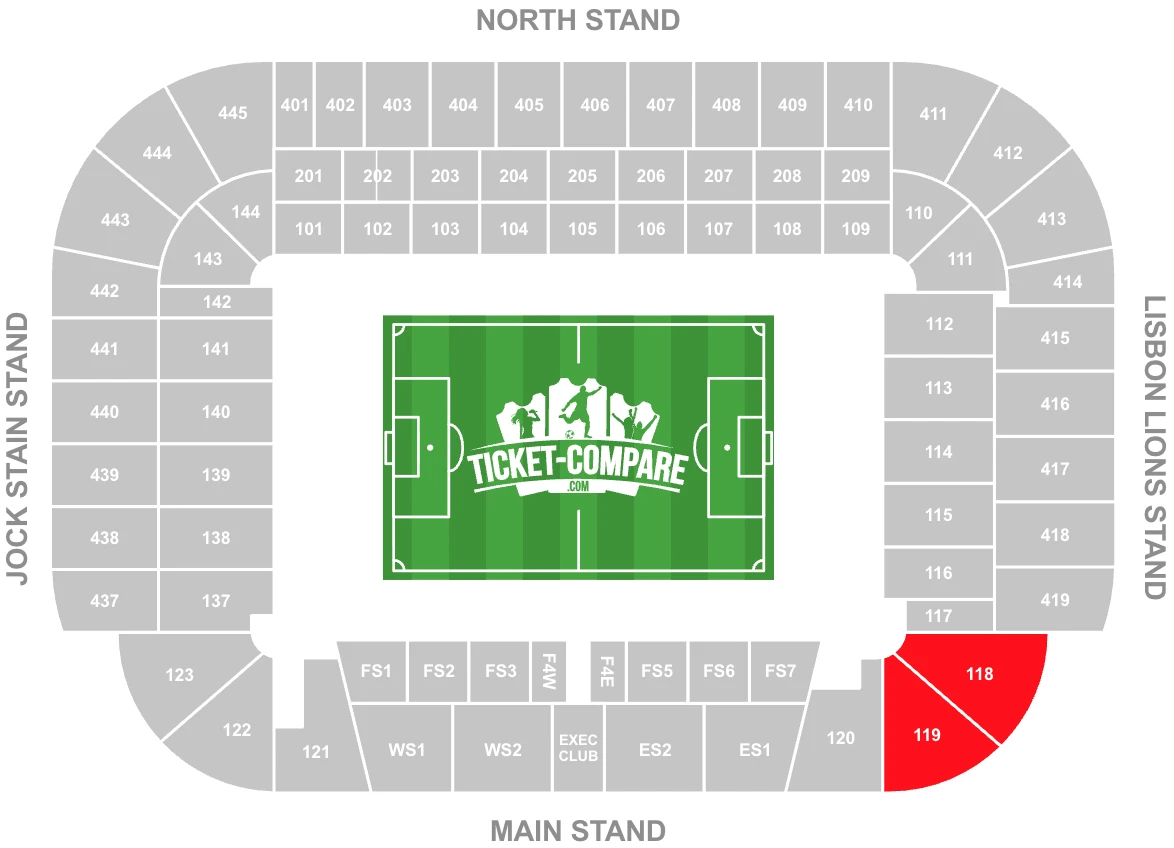 Screenshot of Celtic Park Seating Plan with 118 and 119 blocks highlighted