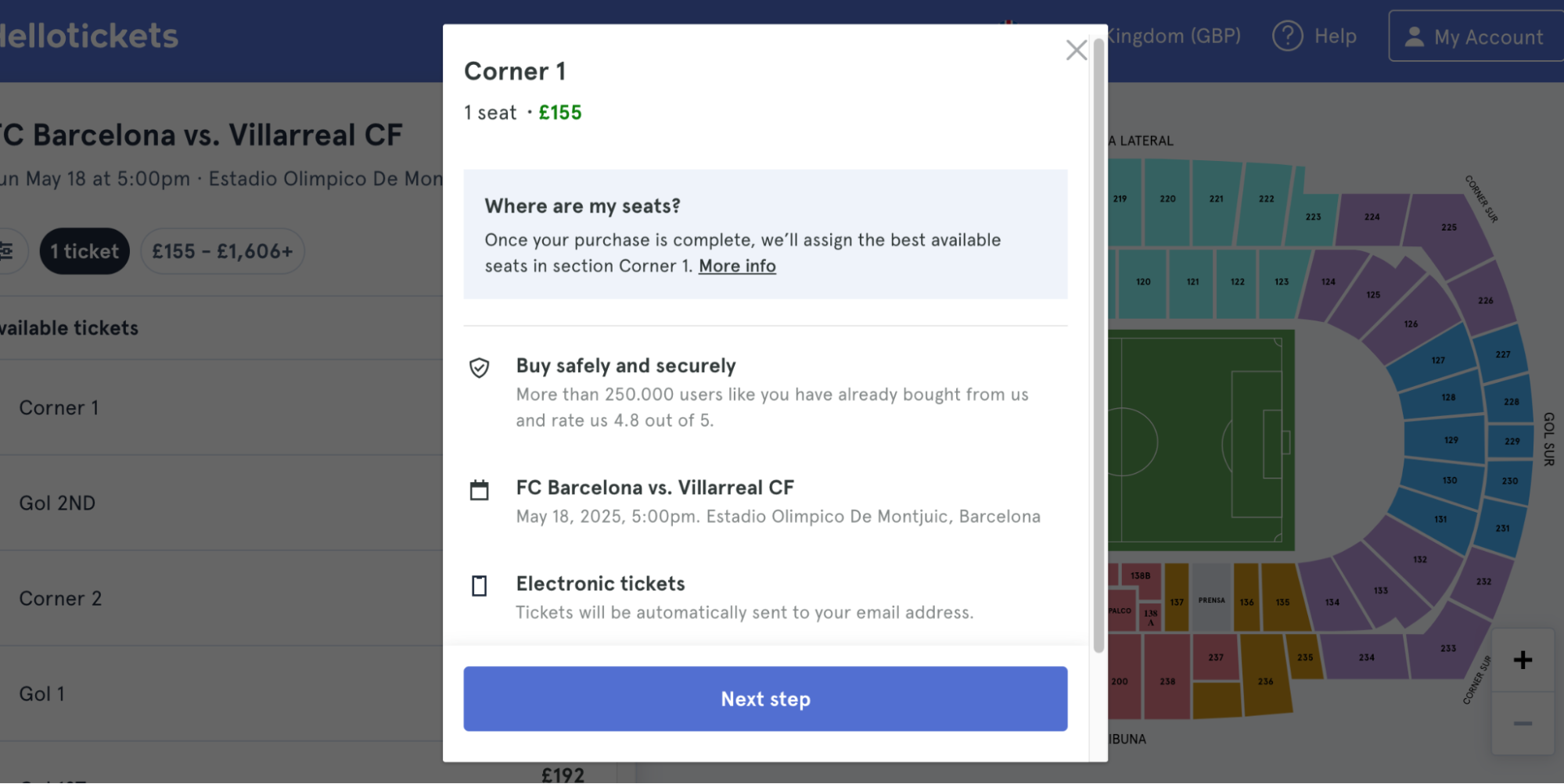 screenshot of the popup with ticket information