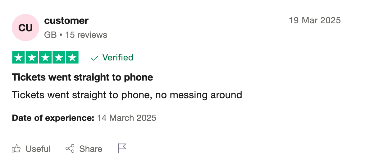 screenshot of Hellotickets positive review on Trustpilot