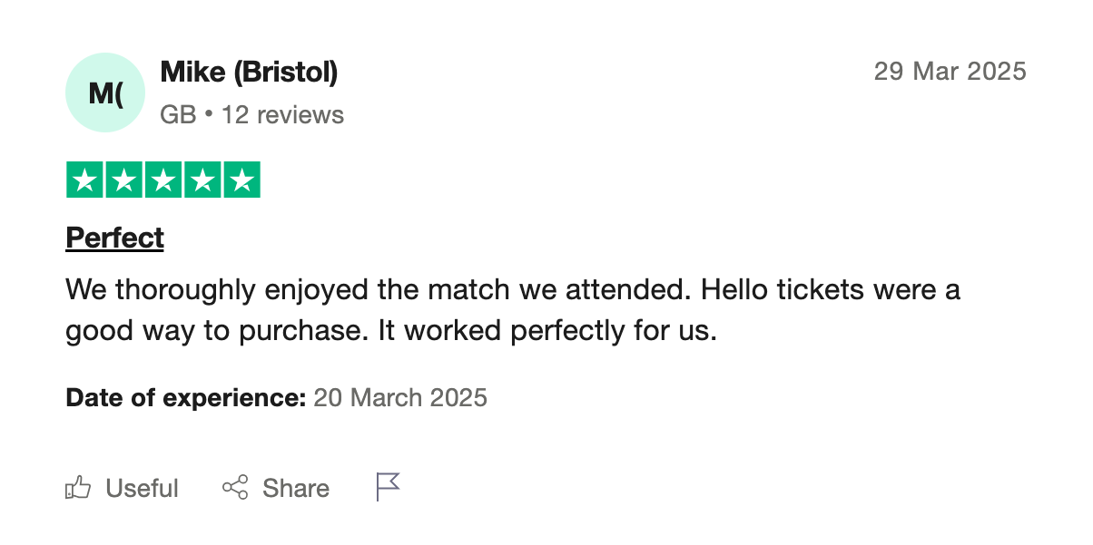 screenshot of Hellotickets positive review on Trustpilot
