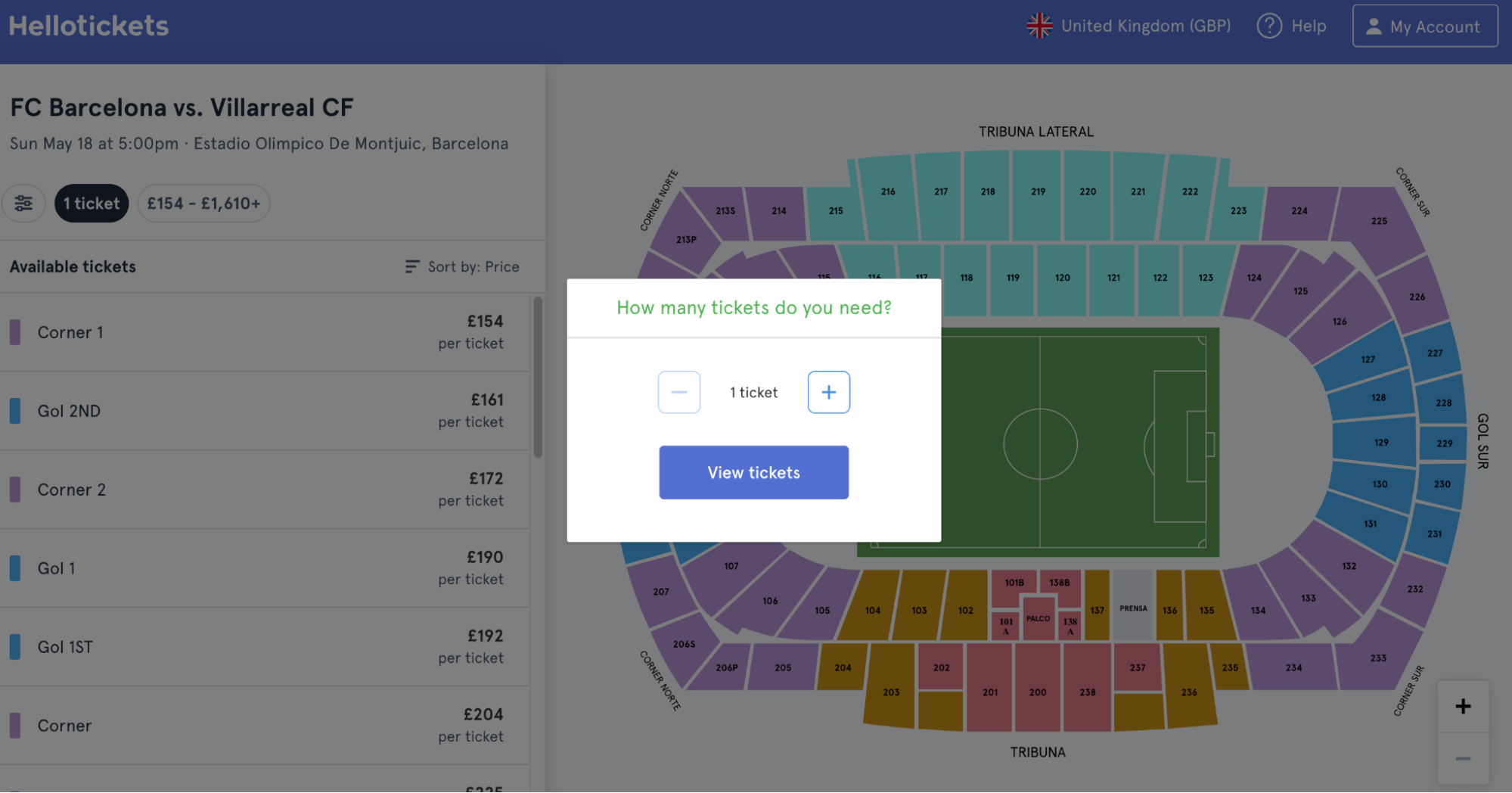 screenshot of FC Barcelona vs. Villarreal CF available seats