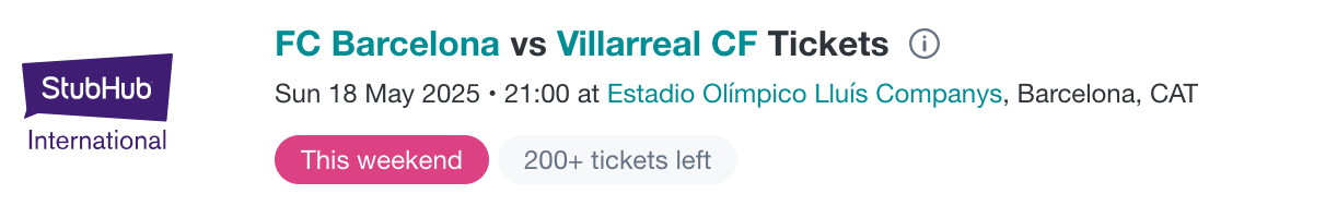 screenshot of FC Barcelona vs. Villarreal CF tickets on the StubHub website