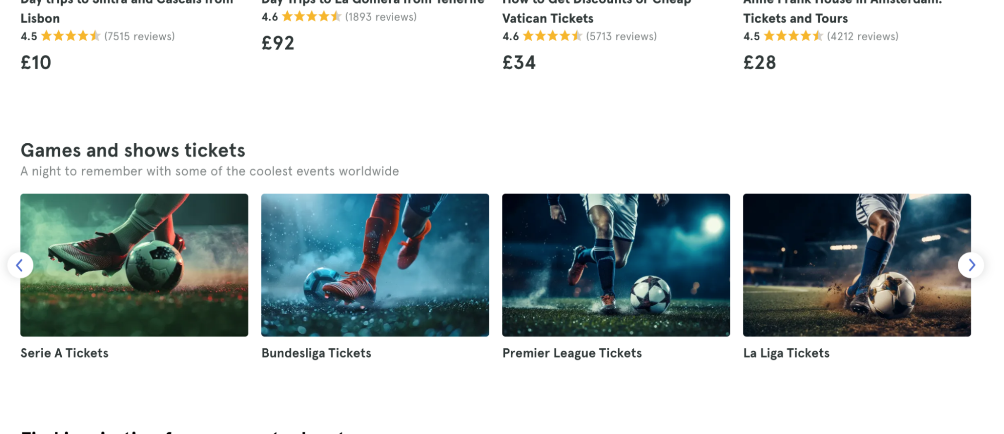 screenshot of Games and Show tickets