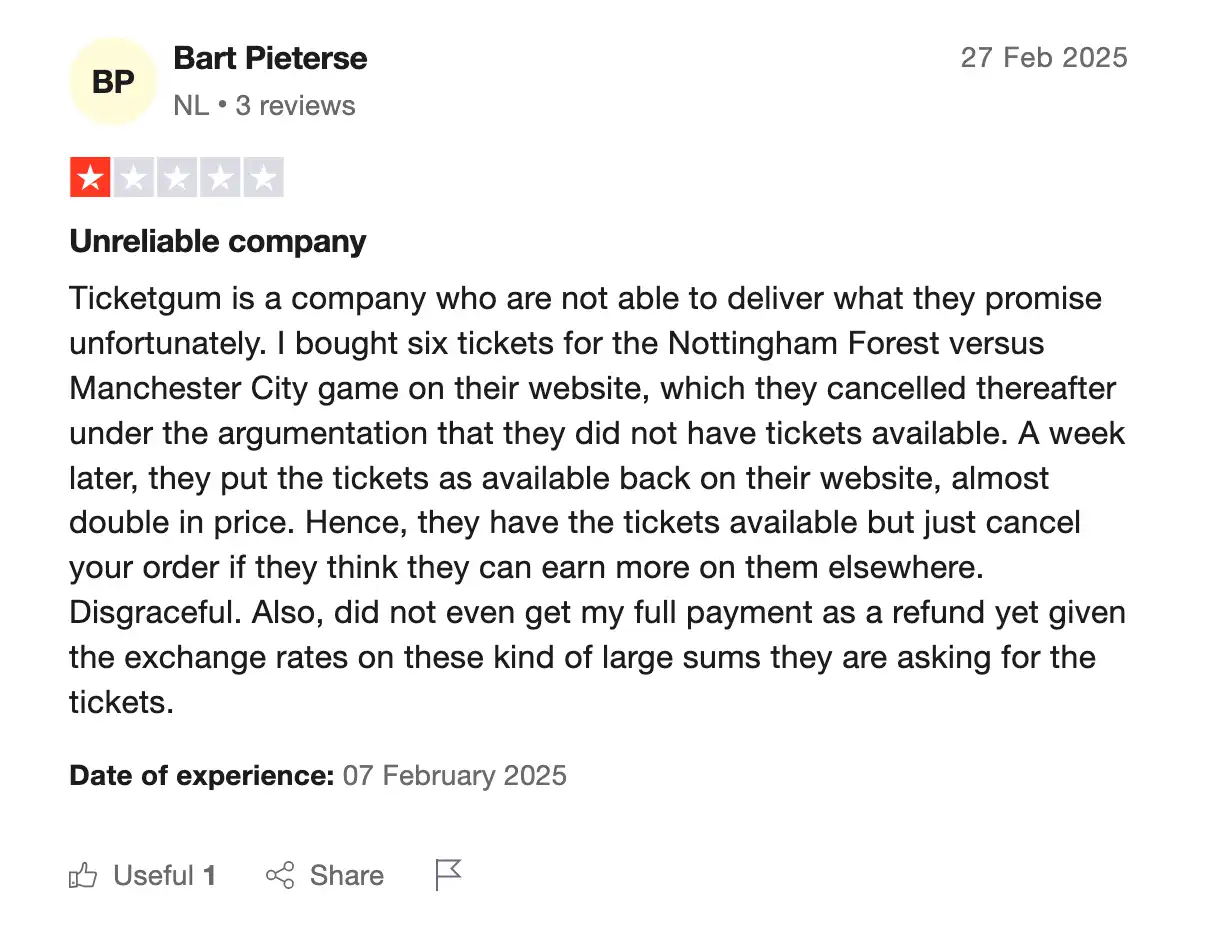 screenshot of negative Ticketgum Review on the Trustpilot