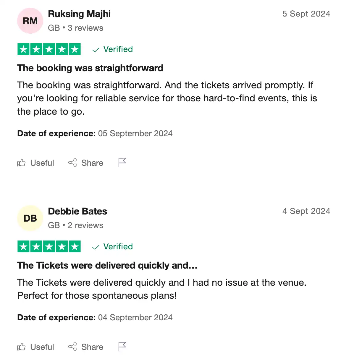 screenshot of positive Ticketgum Reviews on the Trustpilot