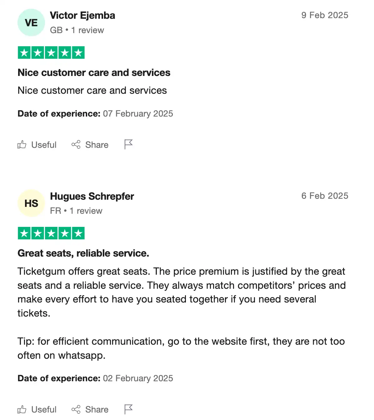 screenshot of positive Ticketgum Reviews on the Trustpilot