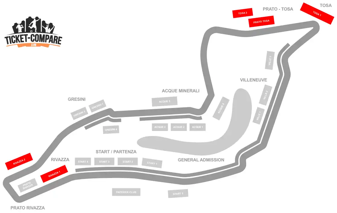 Screenshot of Imola Circuit seating plan with Tosa and Rivazza Grandstands highlighted