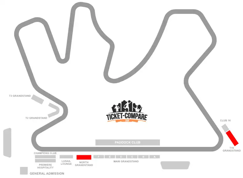 Screenshot of Lusail International Circuit seating plan with T16 and North Grandstands highlighted