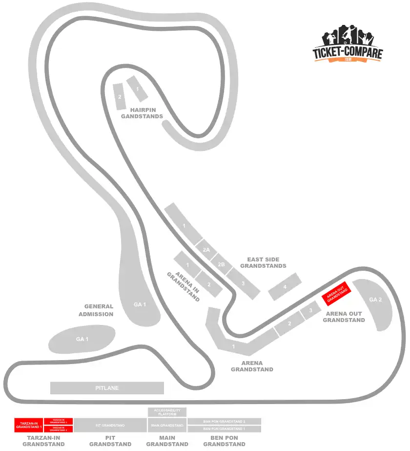 Screenshot of Zandvoort curcuit seating plan with Tarzan and Arena Out grandstands highlighted