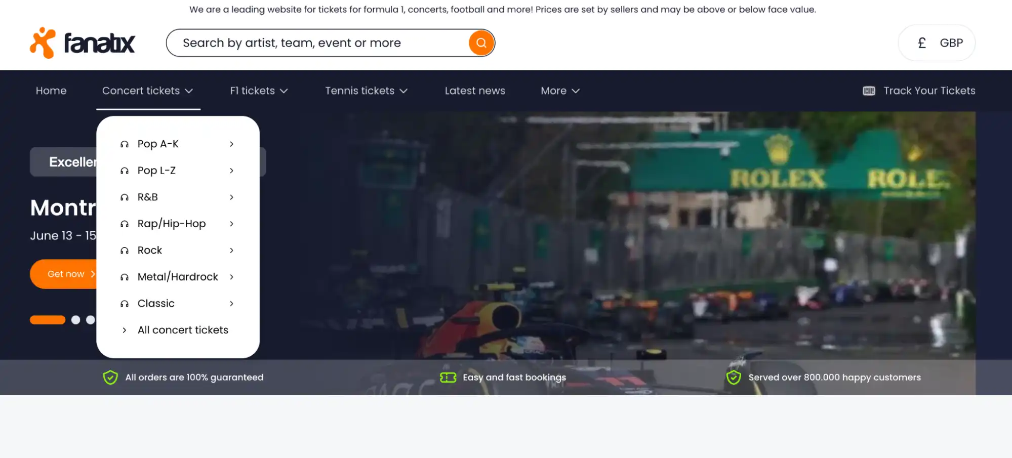 screenshot of Fanatix "Concert tickets" dropdown menu