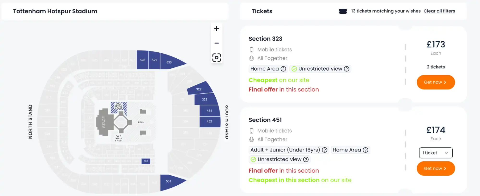 screenshot of Tottenham Hotspur tickets page with Seating plan