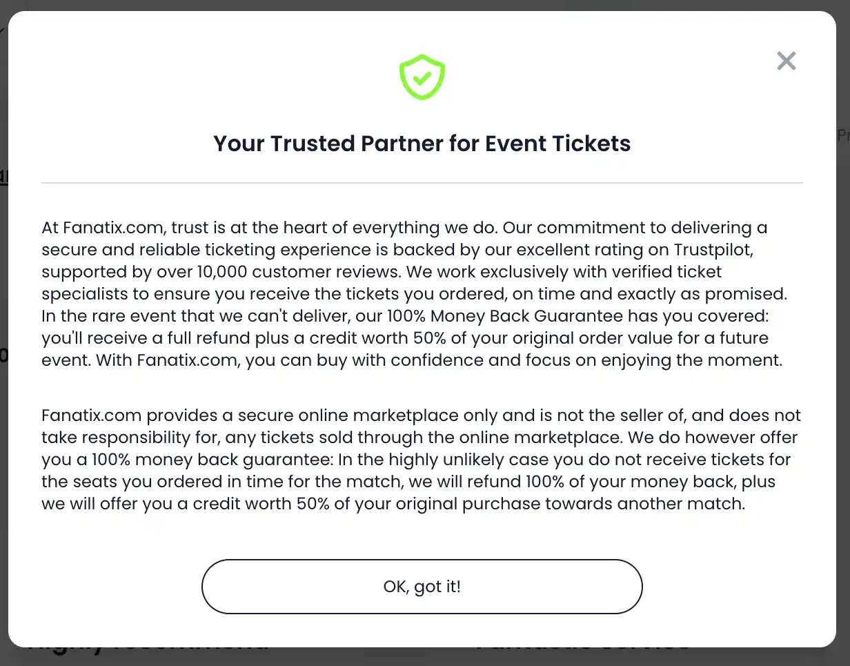 screenshot of the guarantee popup