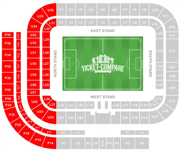 Stadium of Light seating plan with North Stand highlighted