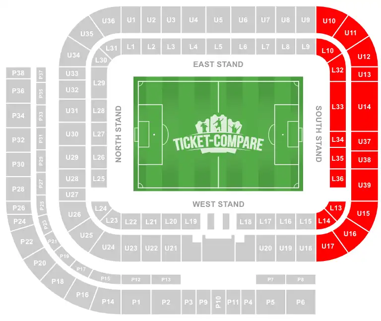Stadium of Light seating plan with South Stand highlighted