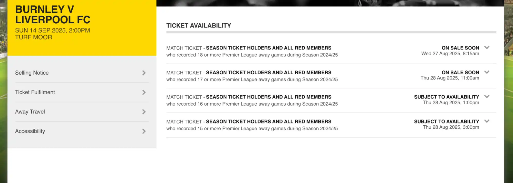 screenshot of Burnley VS Liverpool ticket Availability