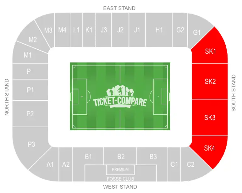 King Power Stadium Seating plan with South Stand highlighted
