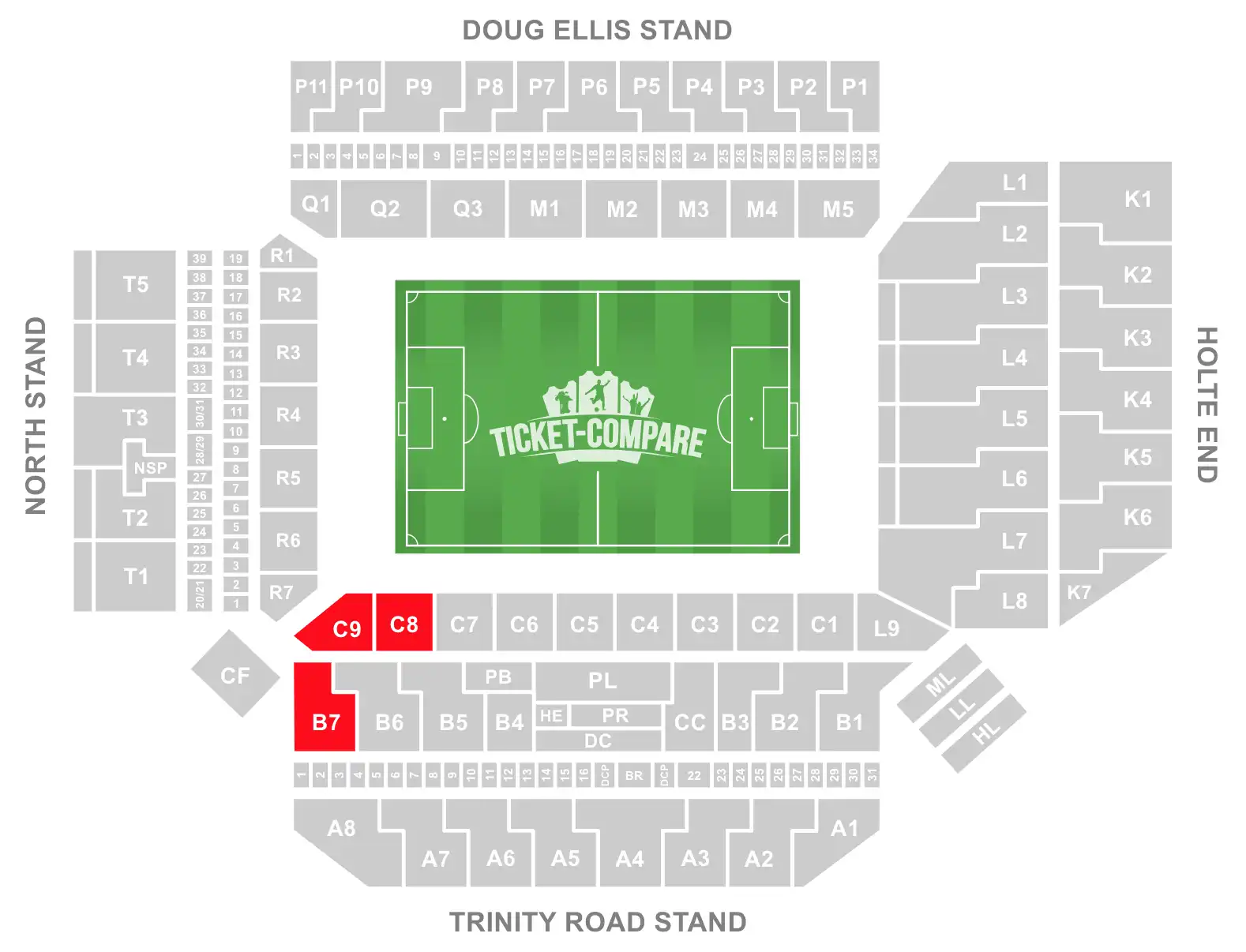 Screenshot of Villa Park Stadium Seating plan with the B7, C8 and C9 Blocks highlighted