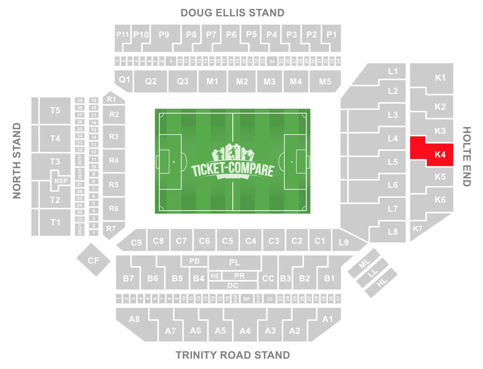 Screenshot of Villa Park Stadium Seating plan with the K4 Block highlighted