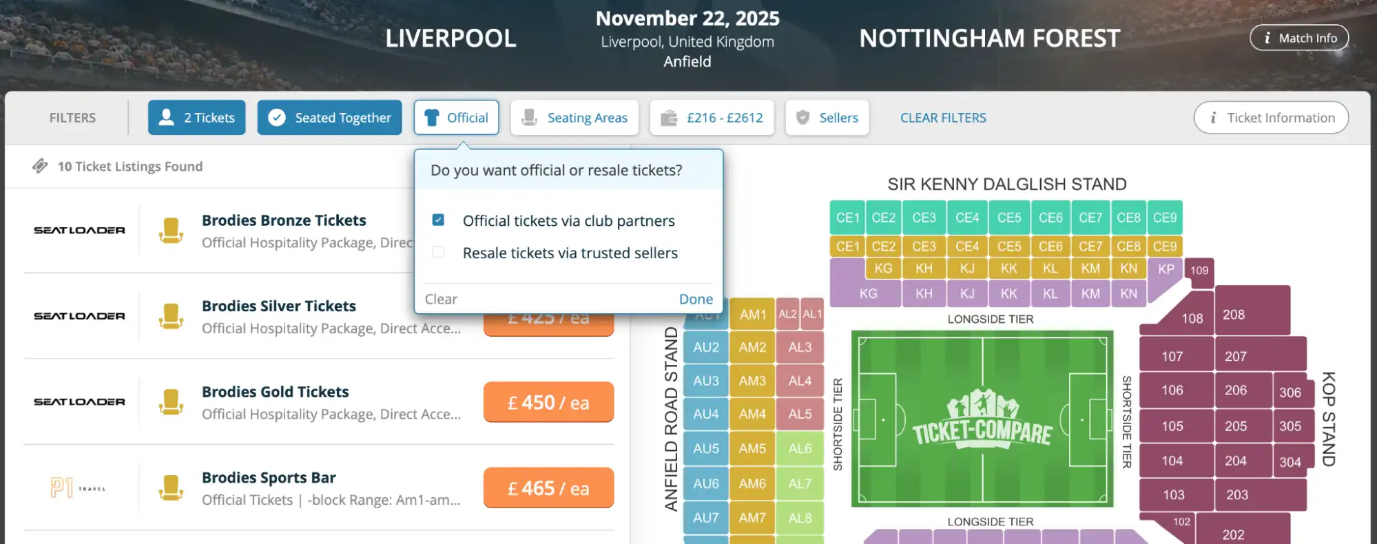 Screenshot of option to choose official or resale tickets