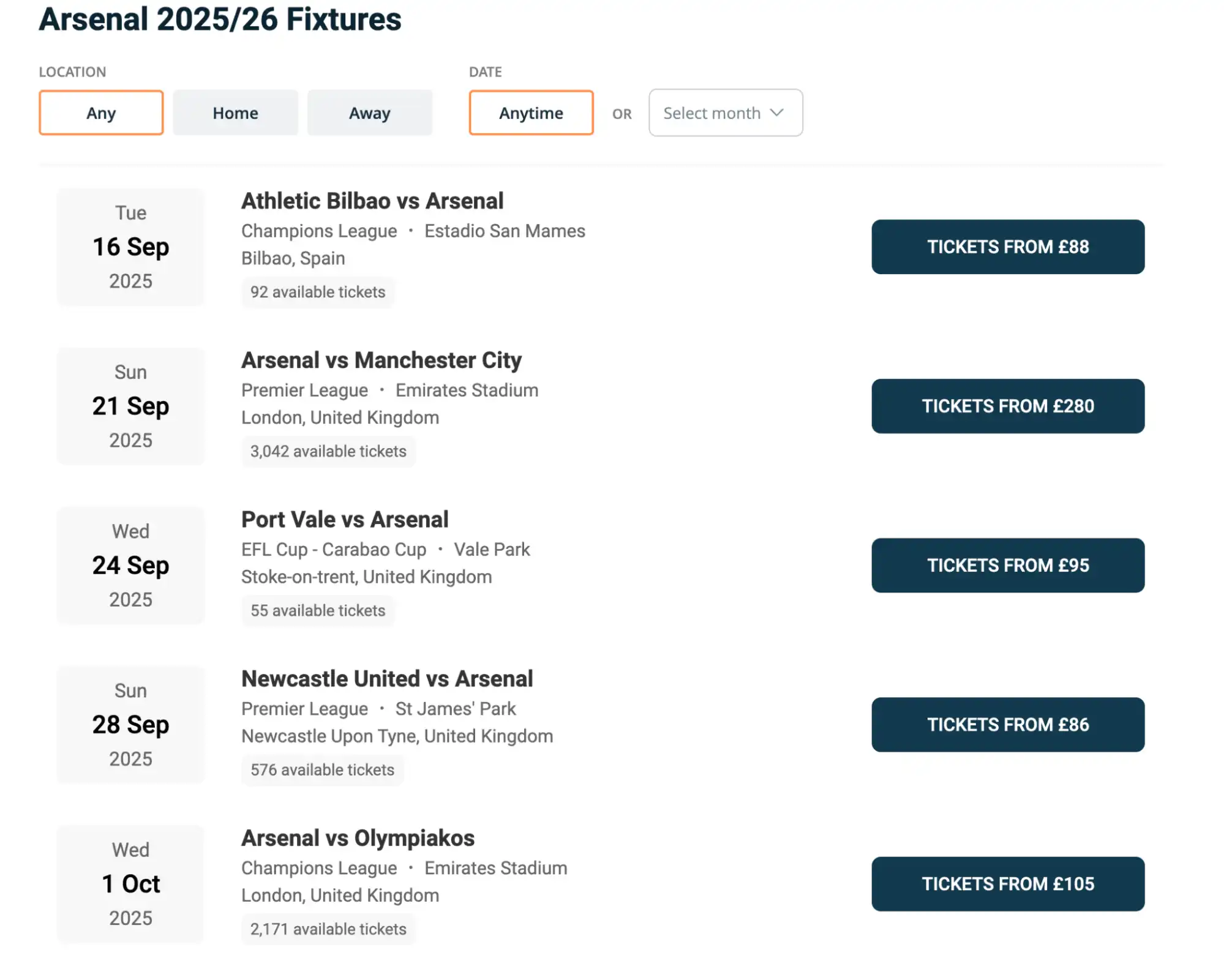 screenshot of Arsenal fixtures on www.healtharomatherapy.com
