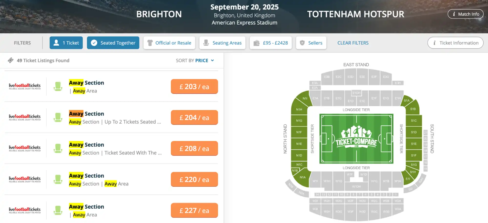 screenshot of Away Sections on AMEX stadium seating plans