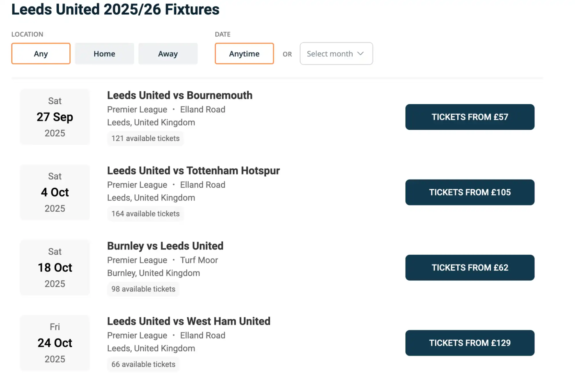 screenshot of Leeds United fixtures list on www.healtharomatherapy.com