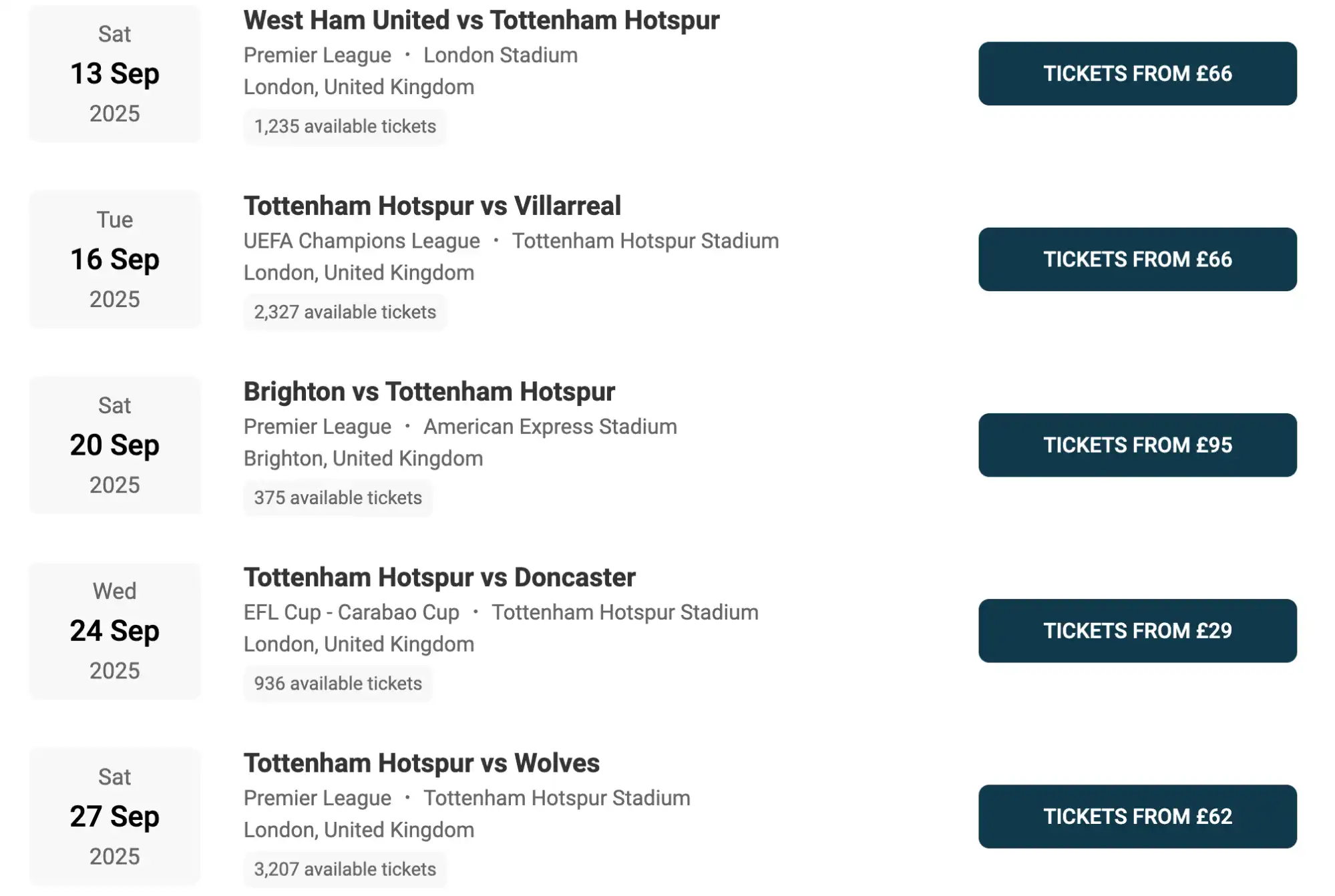 screenshot of Spurs Fixtures