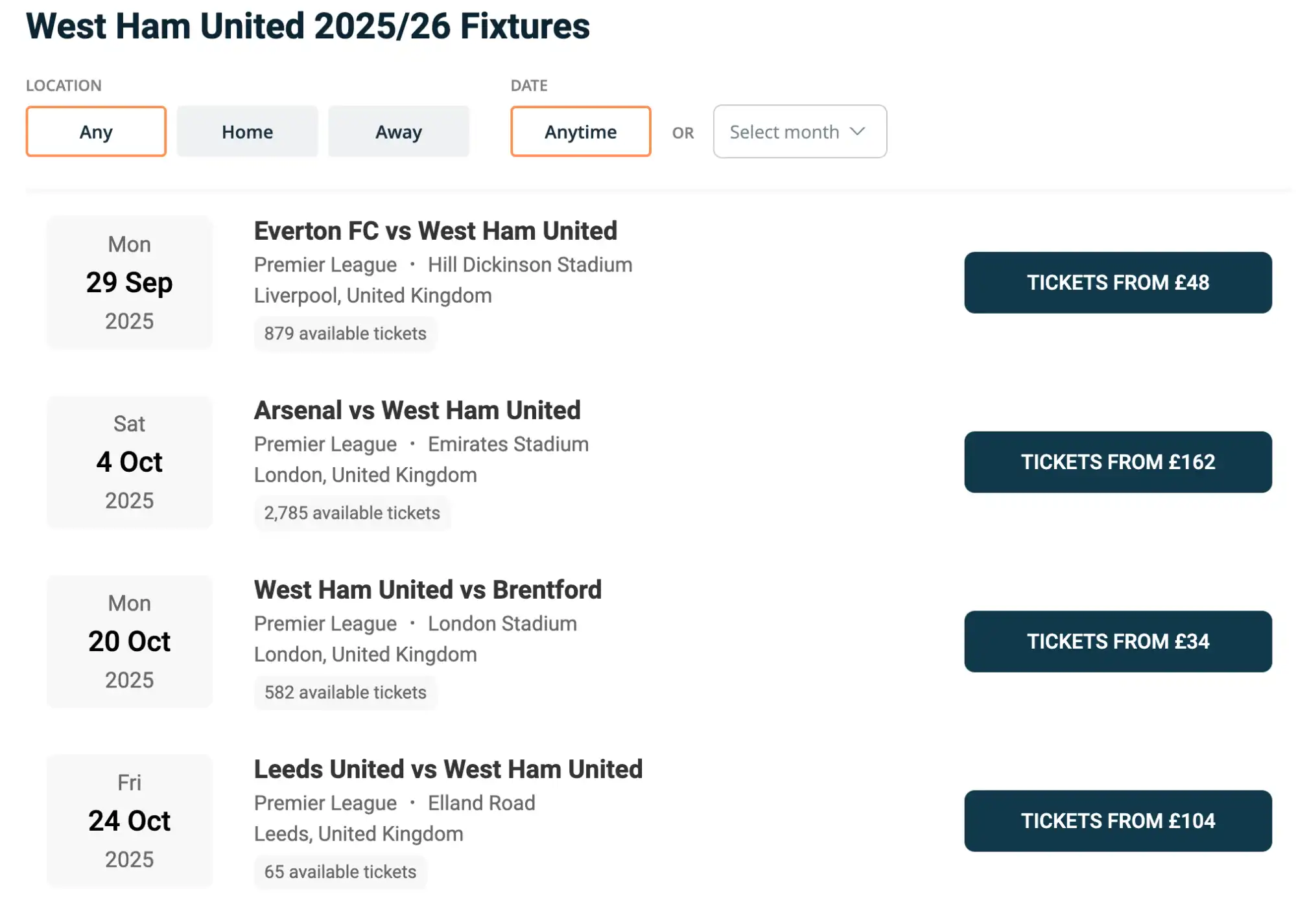 screenshot of West Ham United fixtures on www.healtharomatherapy.com