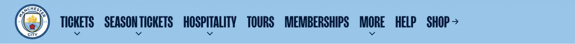 screesnhot of the top navigation bar on the Man City website