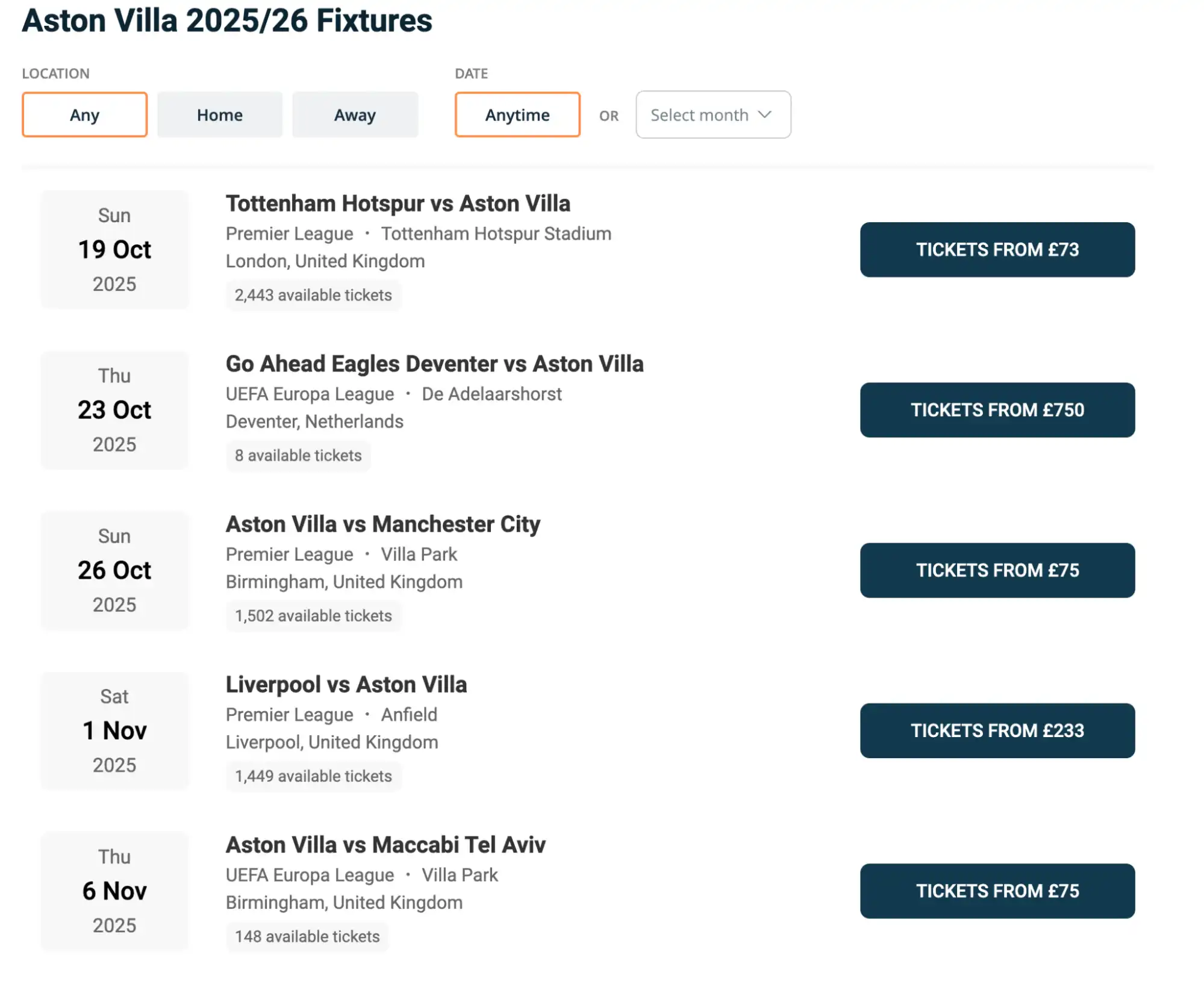 screenshot of Aston Villa Fixtures on www.healtharomatherapy.com