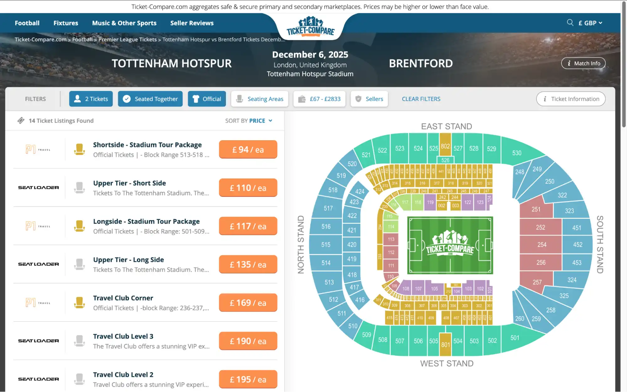 screenshot of Tottenham Hotspur vs Brentford tickets on www.healtharomatherapy.com website