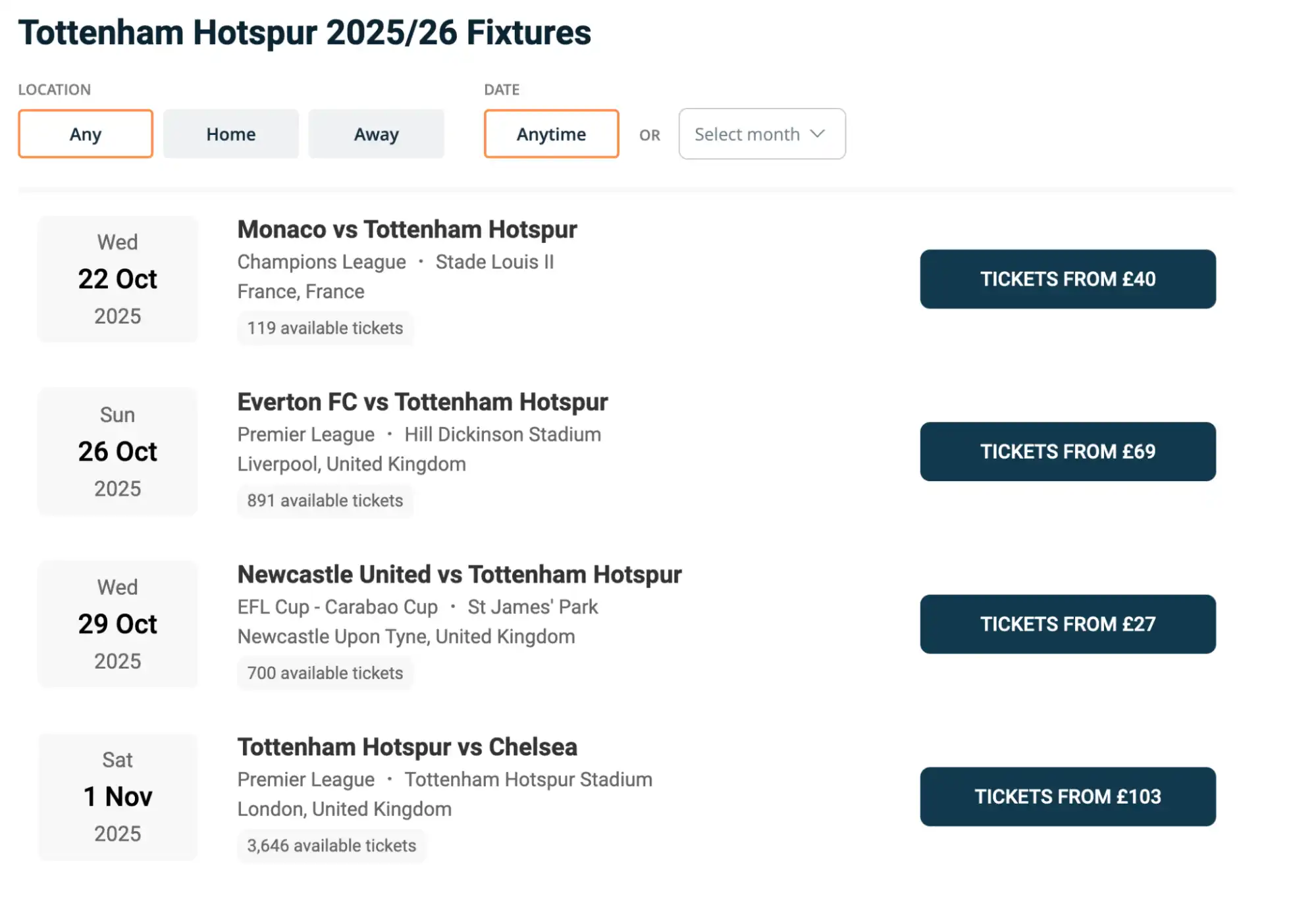 screenshot of Tottenham Hotspur Fixtures on www.healtharomatherapy.com