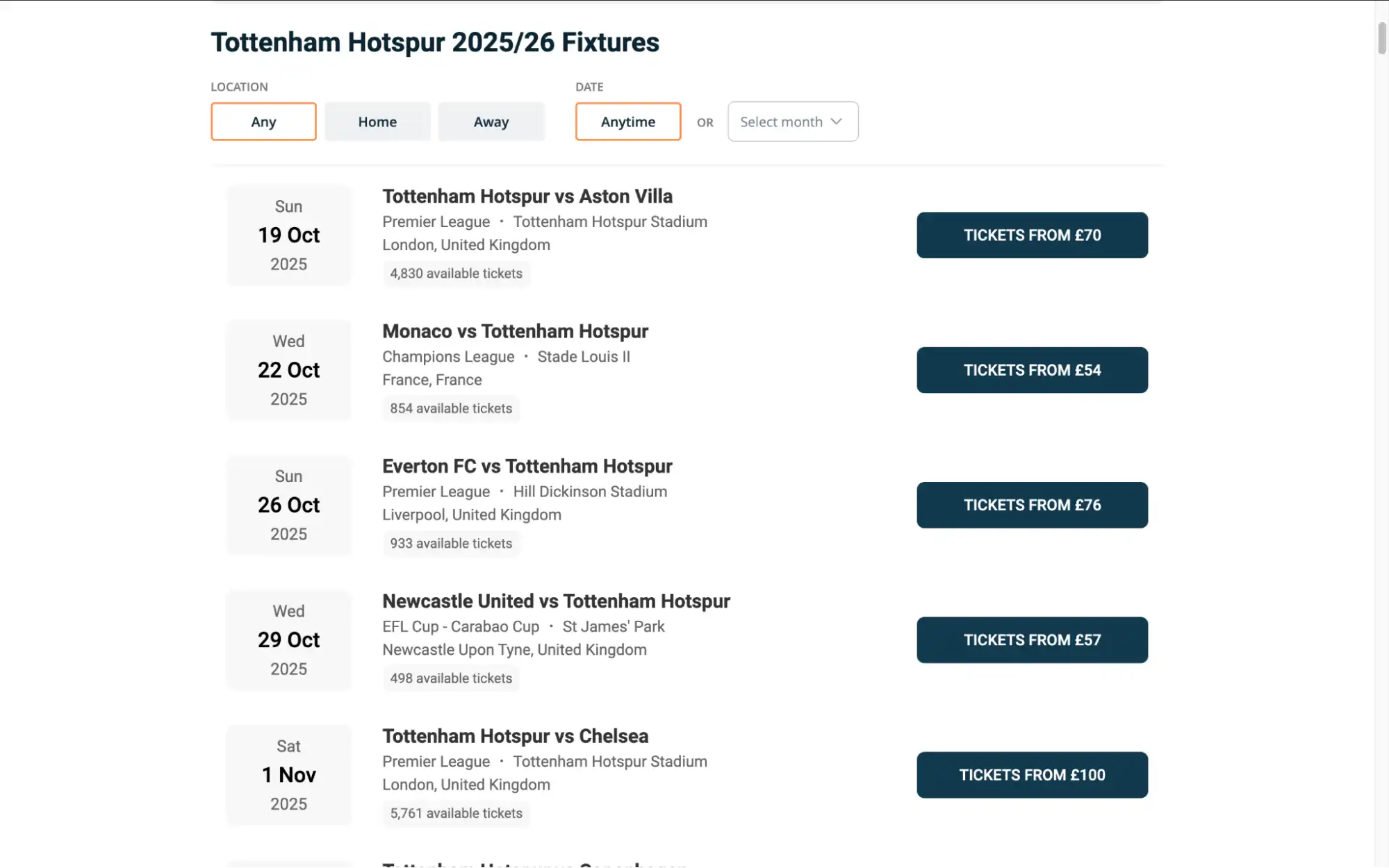 screenshot of Tottenham Hotspur fixtures on www.healtharomatherapy.com