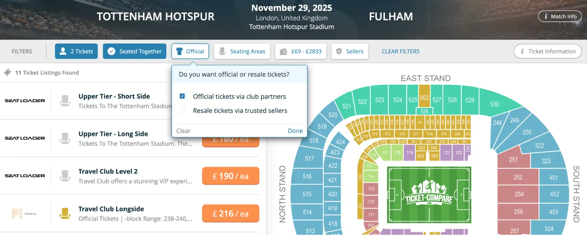 screenshot of the Official/Resale tickets option