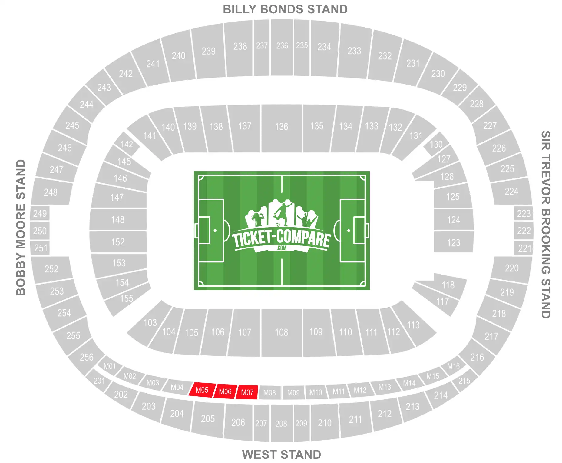 ScreenShot of London Stasium Seating Plan with highlighted the M05, M06 and M07 sections