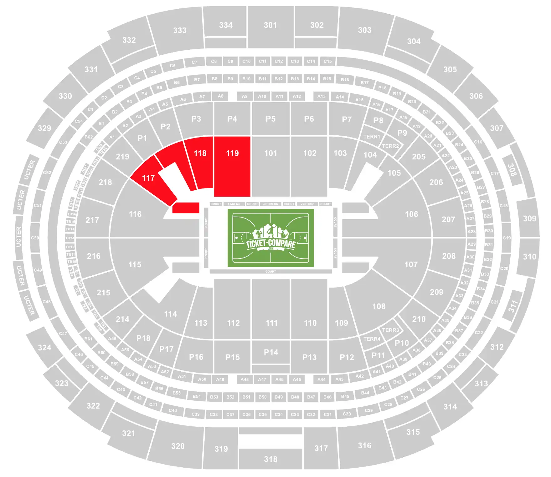 ScreenShot of the Crypto.com Arena Seating plan with 117, 118 and 119 sections highlighted