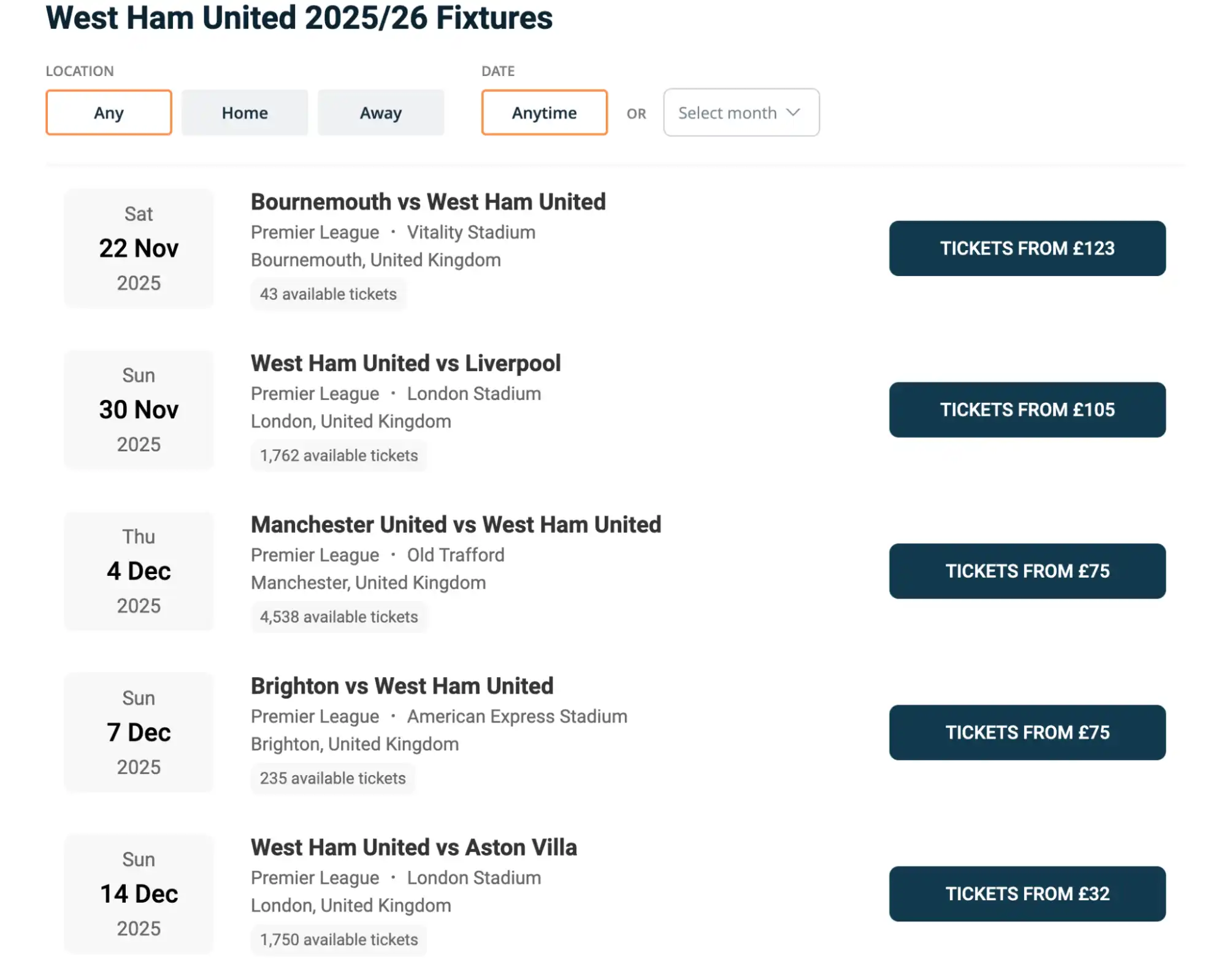 screenshot of West Ham Fixtures on www.healtharomatherapy.com
