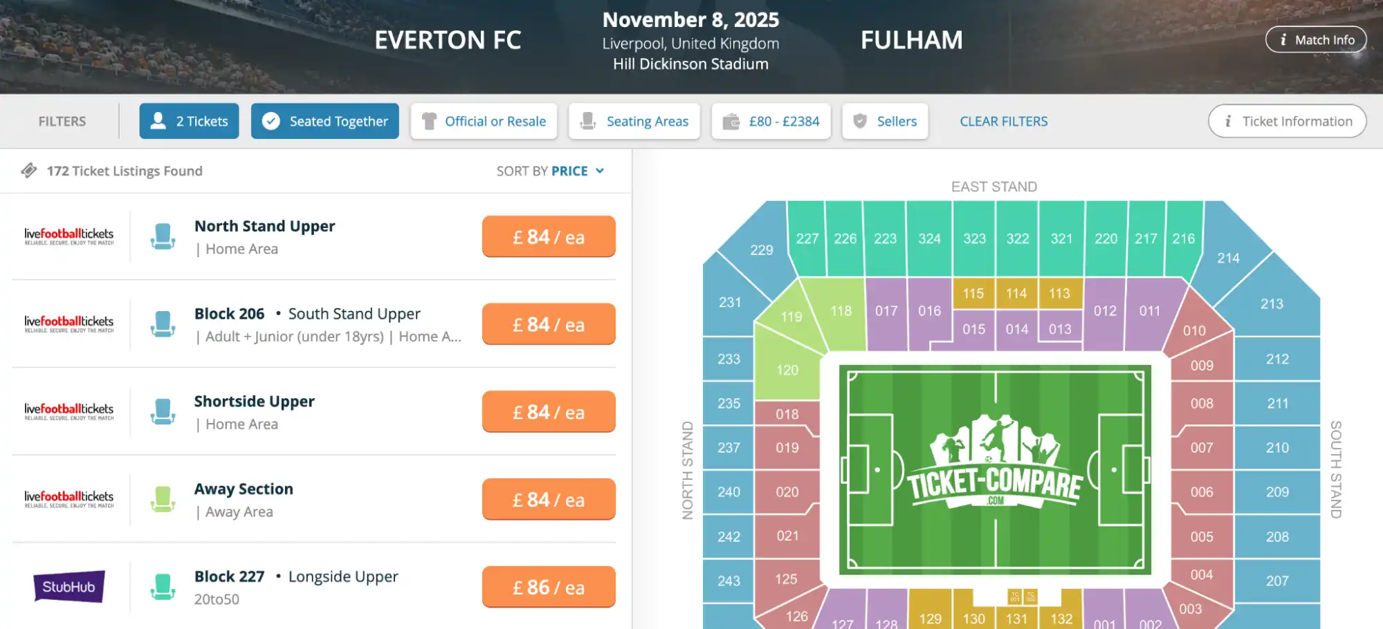 screenshot of Everton FC vs Fulham match tickets on www.healtharomatherapy.com