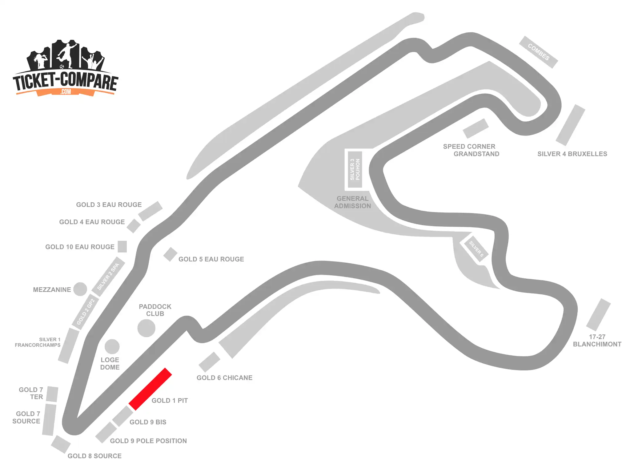 ScreenShot of Circuit de Spa-Francorchamps Seating Plan with the GOLD 1 PIT stand highlighted