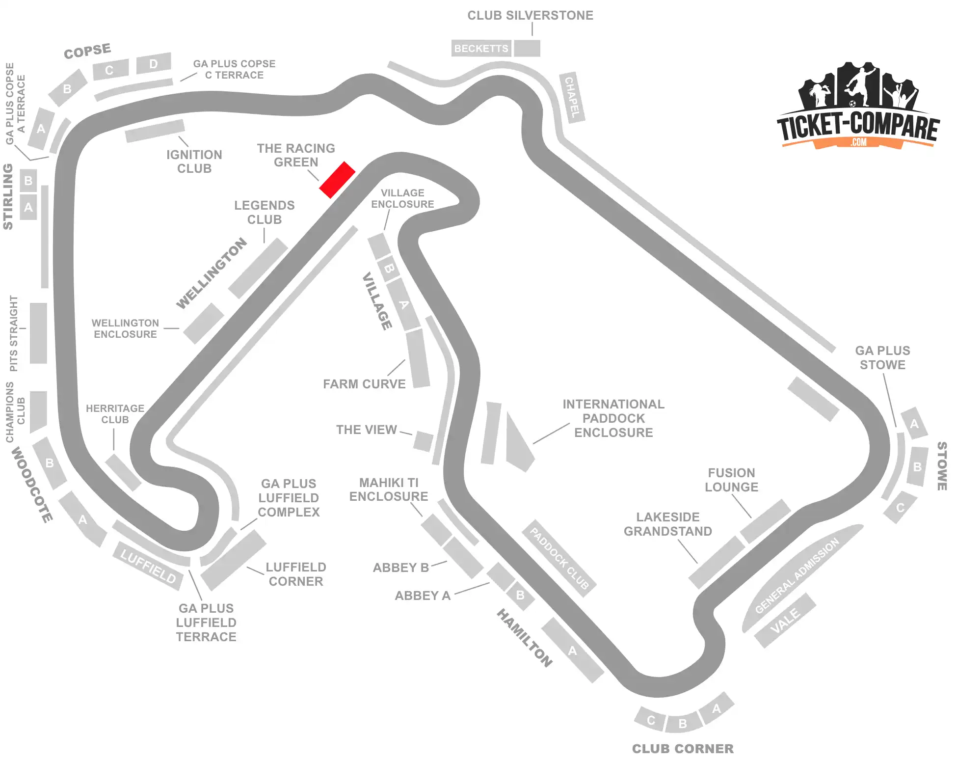 ScreenShot of Silverstone Circuit Seating plan with the Racing Green stand highlighted