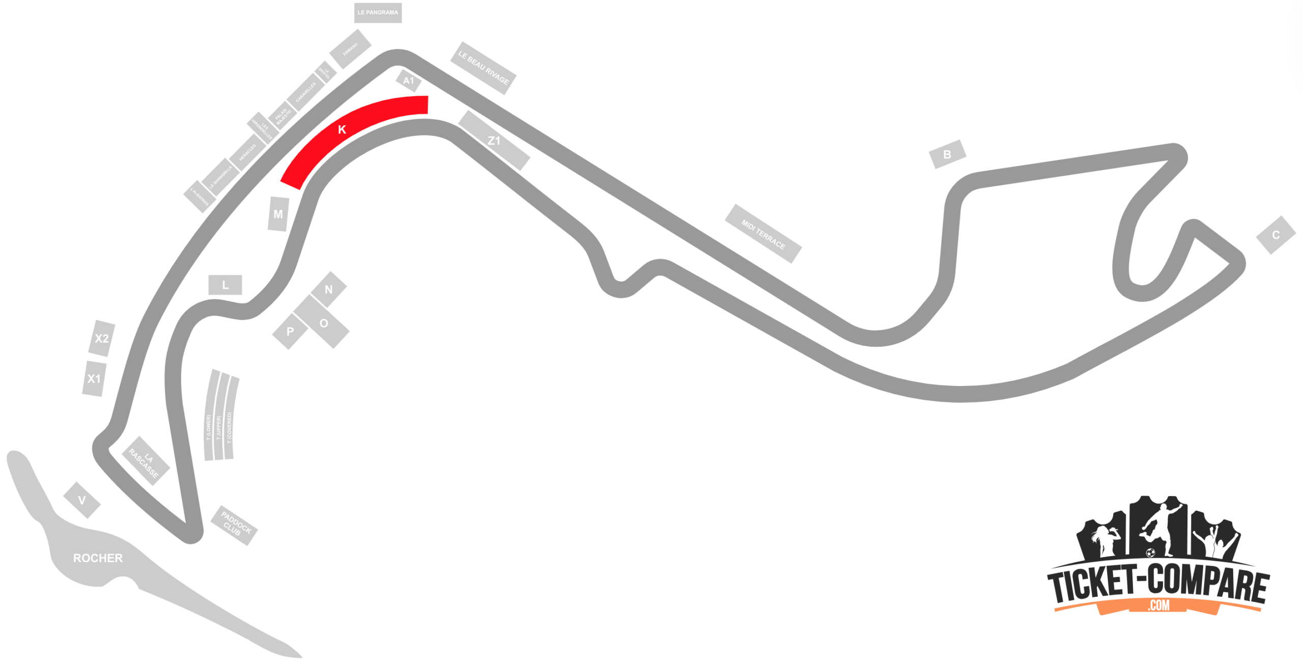 Screenshot of Circuit de Monaco seating plan with the K stand highlighted