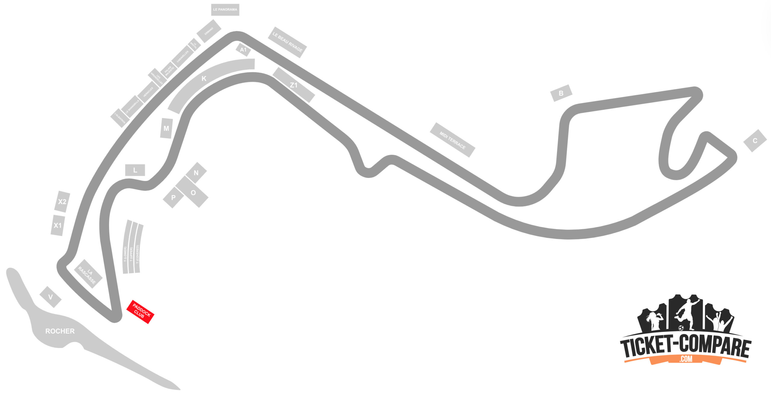 Screenshot of Circuit de Monaco seating plan with the Paddock Club stand highlighted