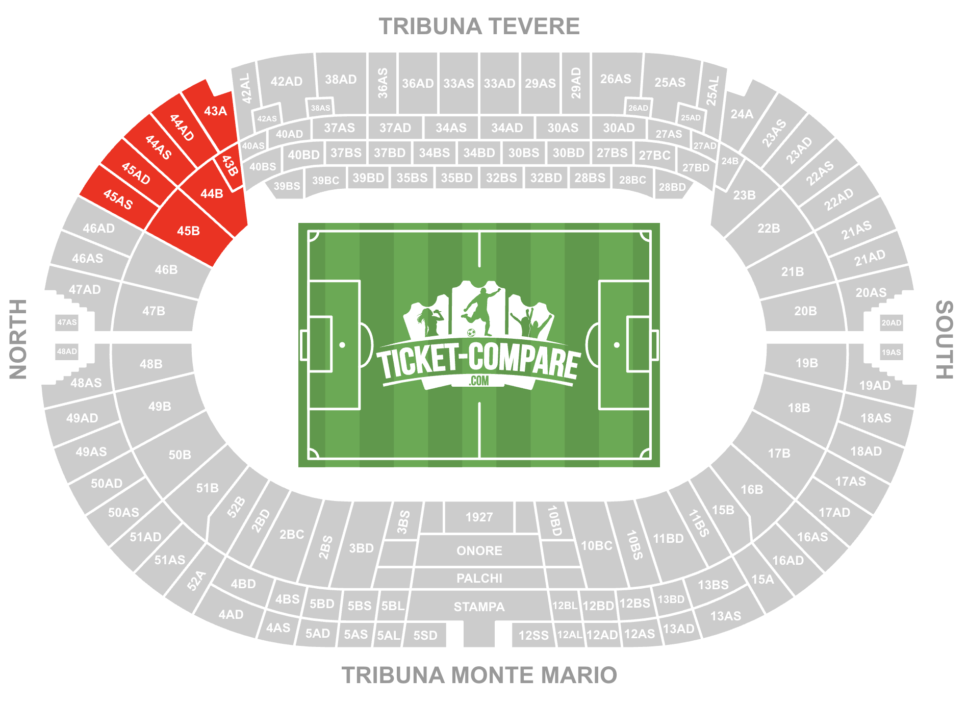 Screenshot of Stadio Olimpico Seating Plan with the Distinti Nord Est highlighted
