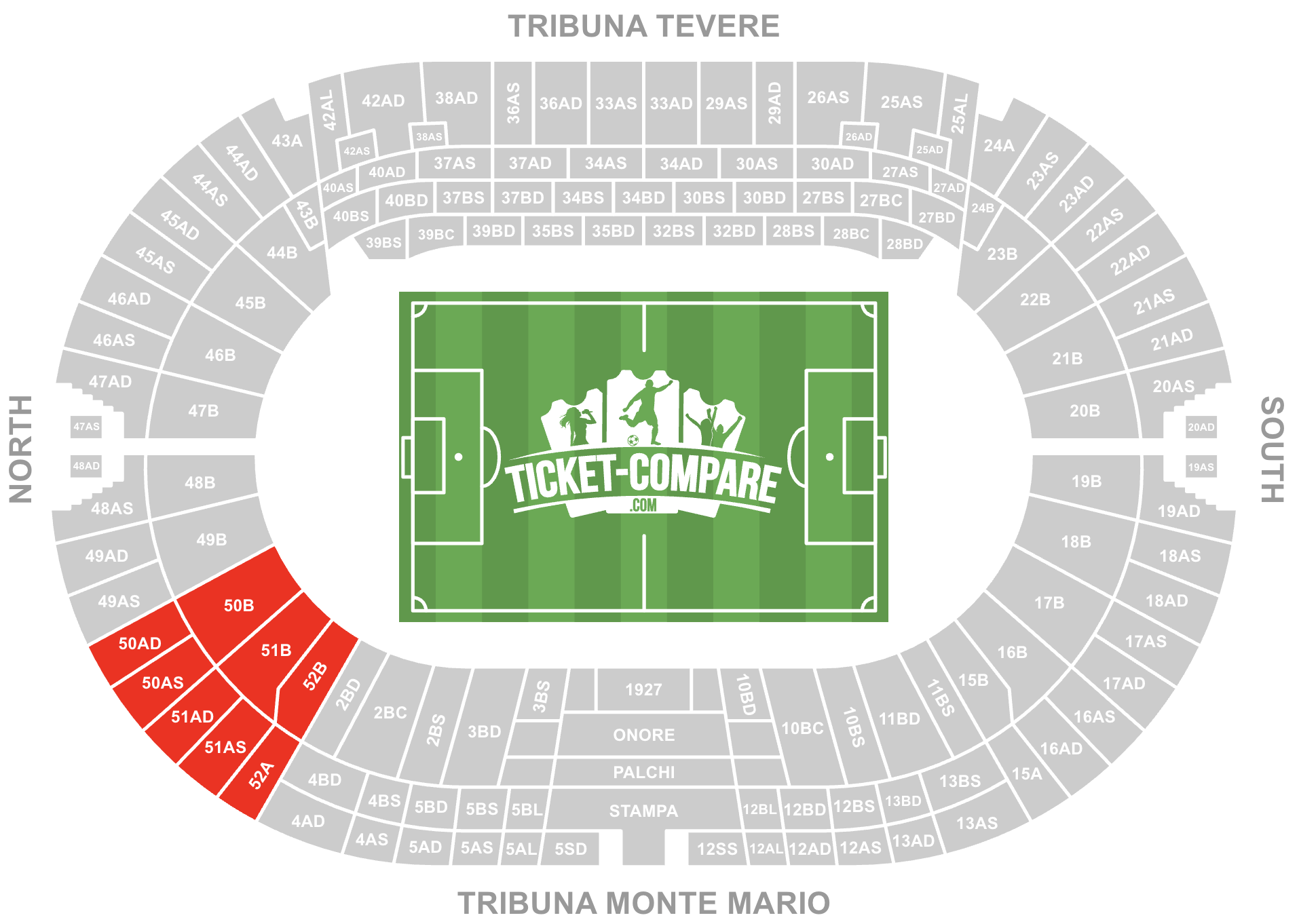 Screenshot of Stadio Olimpico Seating Plan with the Distinti Nord Ovest highlighted