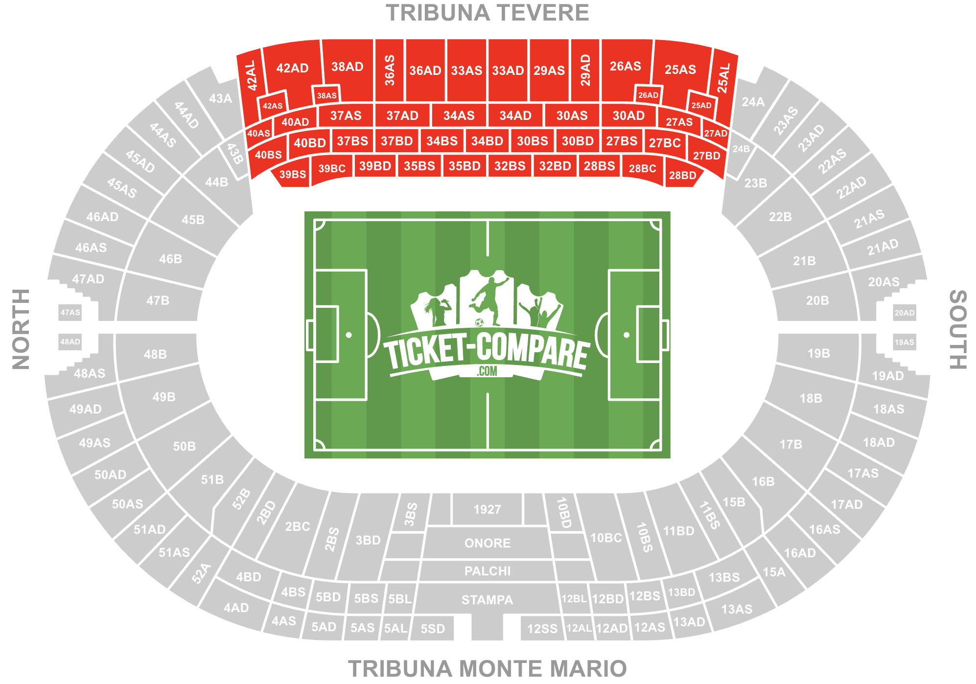 Screenshot of Stadio Olimpico Seating Plan with the Tribuna Tevere highlighted